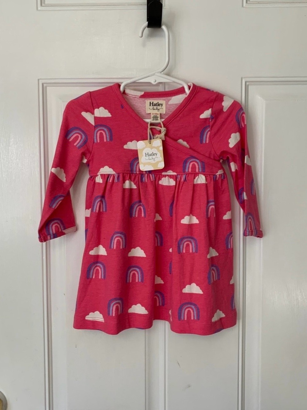 NWT 9/12m Hatley baby pink/purple/white/blue Rainbow long sleeve V neck Dress Re